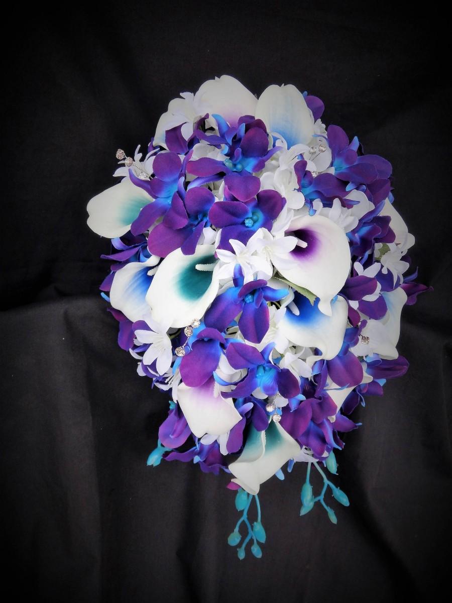 زفاف - Galaxy orchid bridal bouquet, purple blue island orchid bouquet, white real touch calla lilies