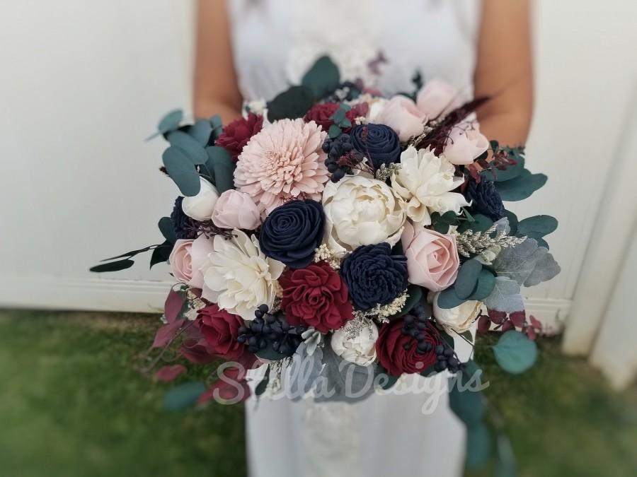 Hochzeit - Sola Flower Bouquet Navy Burgundy and Dusty Mauve Blush Eucalyptus Berries Style 202