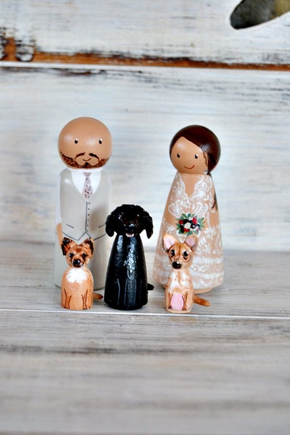 Hochzeit - Wedding Cake Topper With Dog, Personalized Cake Topper With Cat, Wooden Peg Doll Handpainted, Anniversary Gift, Bride Groom Cat Dog.