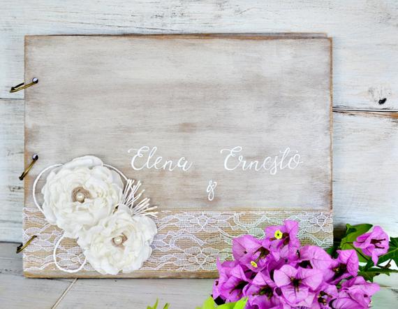 Wedding - Personalized Wedding Guest Book with Fabric Flowers, Wood Guestbook, Rustic Guest Book, White Wedding Guestbook.
