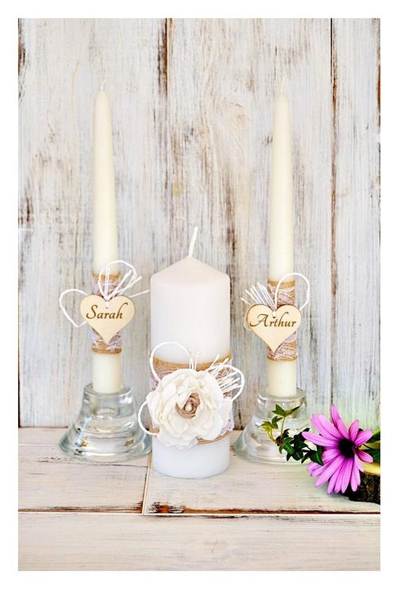 Свадьба - Rustic Unity Candle Wedding Lace and Handmade Fabric flowers. Custom Unity Candles Set Heart Names.