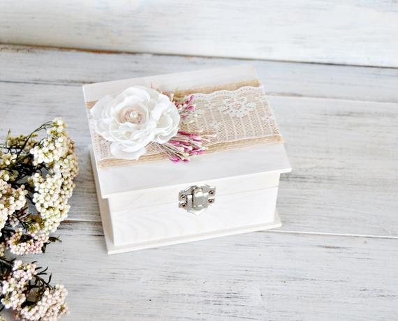 Wedding - Romantic White Ring Bearer Box, Flower Wedding Ring Box, Personalized Rustic Wedding Ring Holder, Proposal Ring Box, Wood Ring Bearer Box.