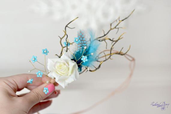 Hochzeit - Blue feather crown rustic head wreath branches head piece fairy woodland crown bridal forest hair accessory blue headband Boho