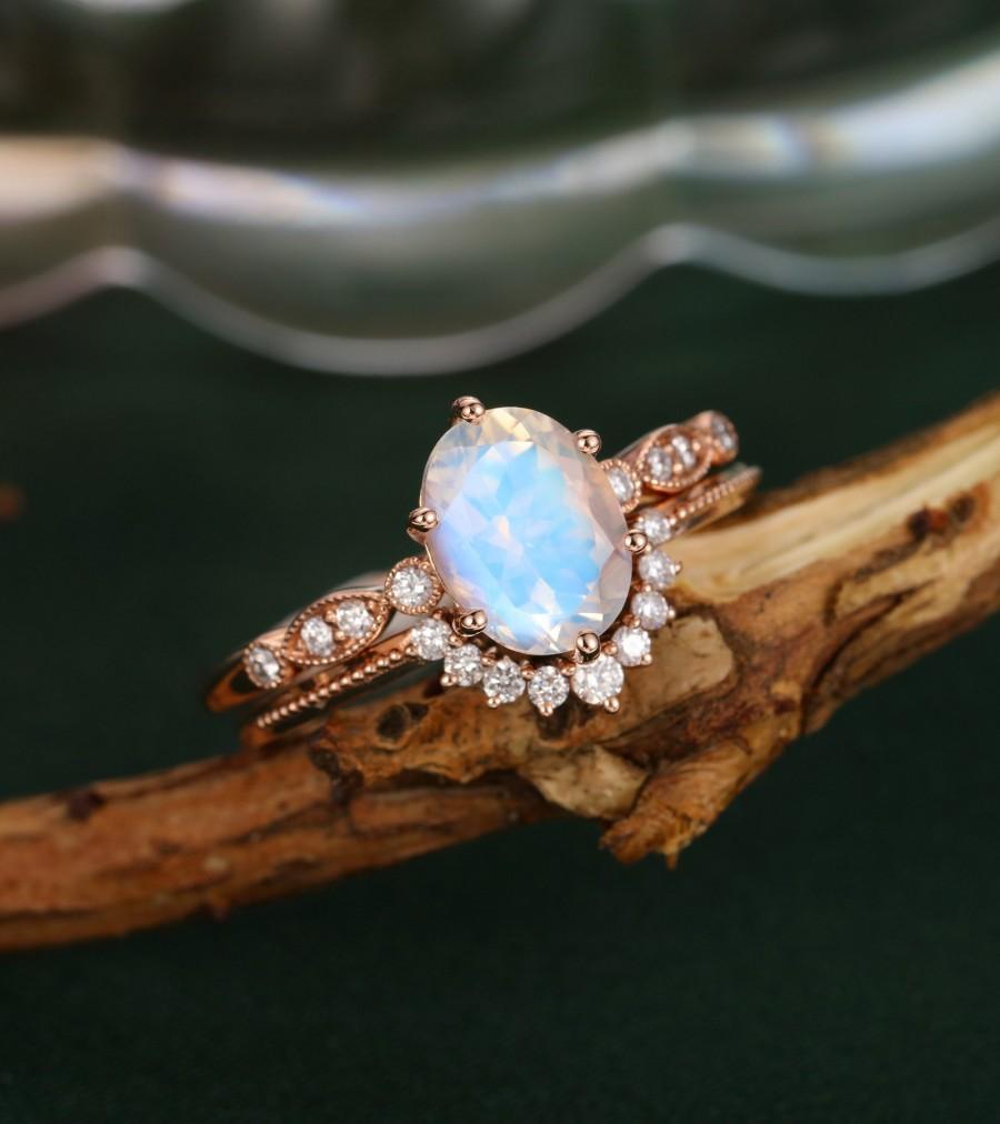 Mariage - Moonstone engagement ring set rose gold Unique engagement ring vintage Delicate art deco diamond wedding Bridal Anniversary gift for women