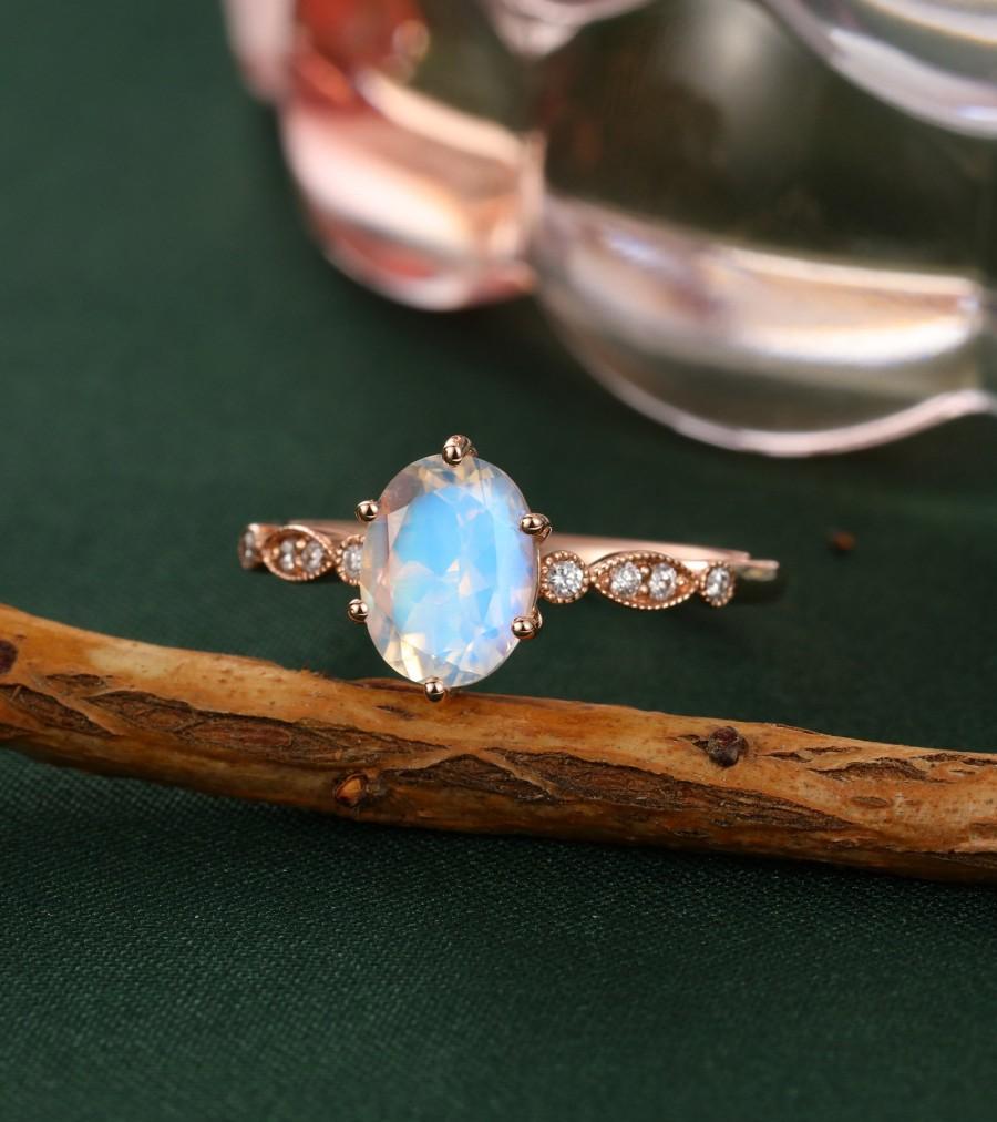 زفاف - Moonstone engagement ring rose gold Unique engagement ring vintage Delicate Moissanite diamond wedding Bridal Anniversary gift for women