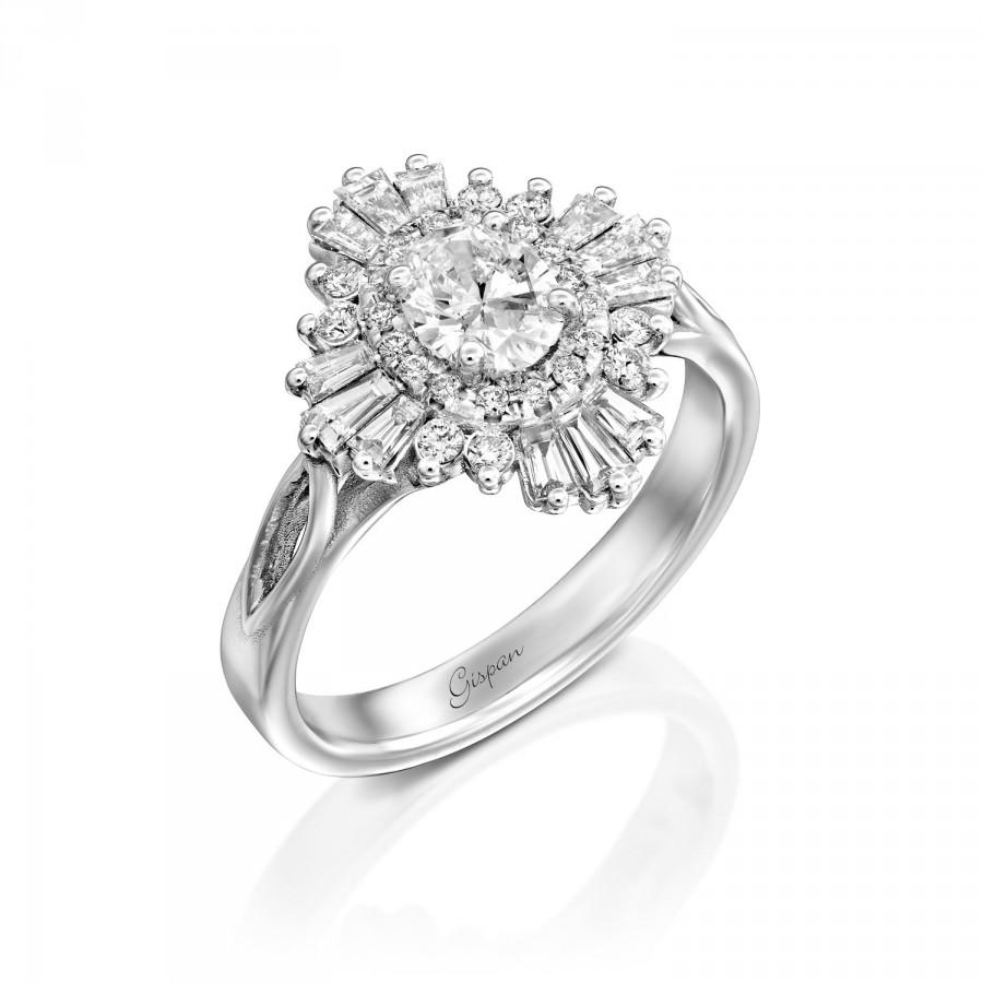 زفاف - Unique Engagement Ring, Oval Diamond Engagement Ring, Art Deco Engagement Ring, Baguette Ring, White gold Engagement Ring, Cocktail Ring