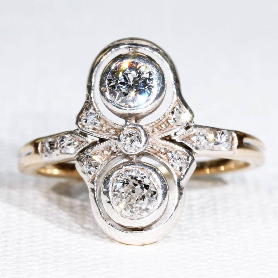 زفاف - Antique Edwardian Double Diamond Ring 15k Gold Silver Set