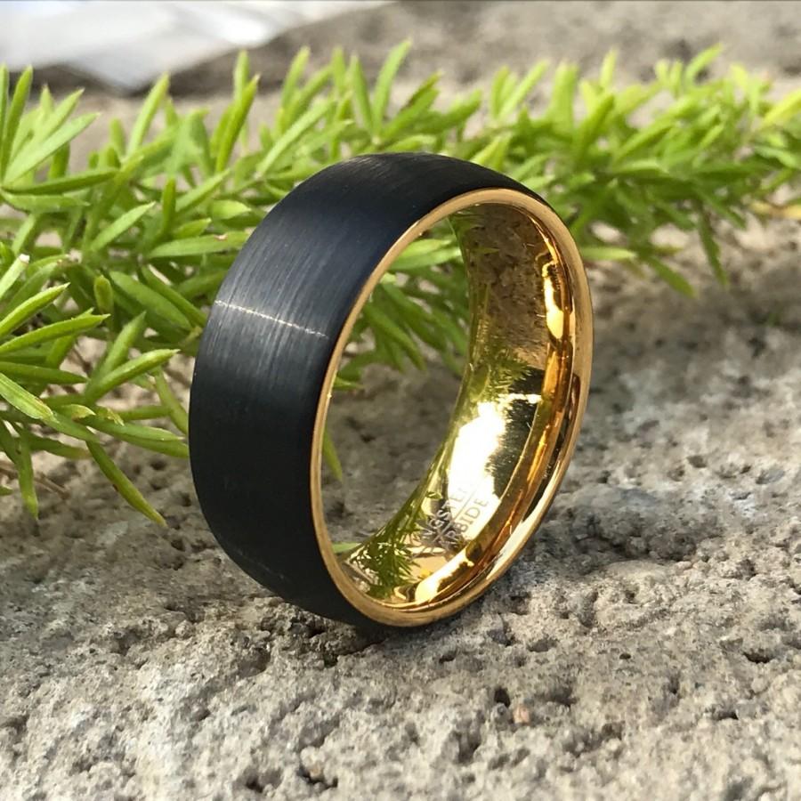 زفاف - 8mm Tungsten Wedding Band, Two Tone Black and Gold Plated Tungsten Ring Personalized Tungsten Ring Comfort Fit Ring CQTCR654