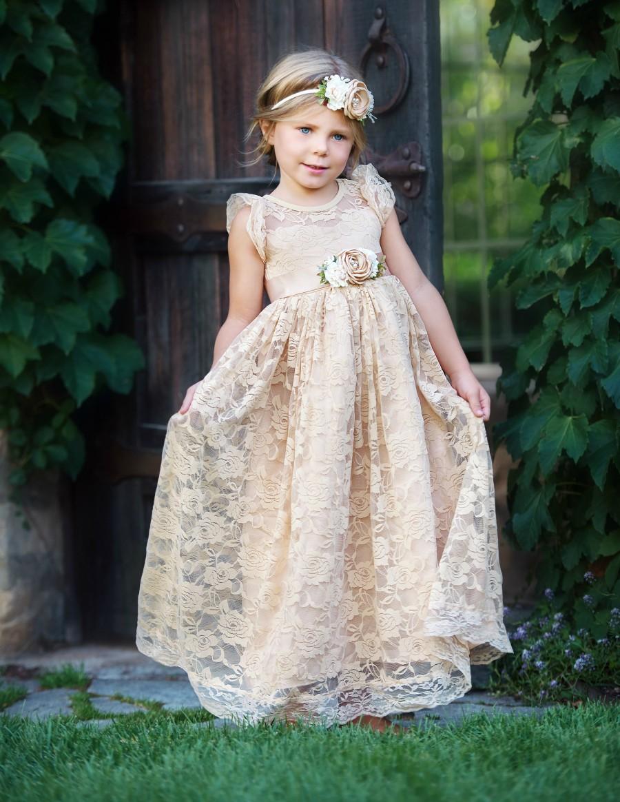 Wedding - Lace girl dress,flower girl dress, flower girl lace dresses,country lace dress, baby toddler dress, Champagne lace dress, Rustic flower girl