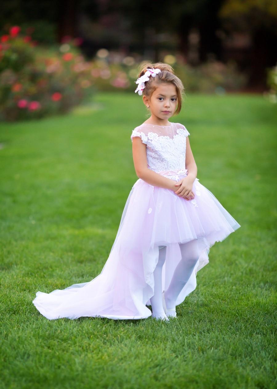 Wedding - Pink flower girl dress Tulle High low Princess Birthday Tutu Baby Toddler Girls party dress Girls wedding dress off shoulder