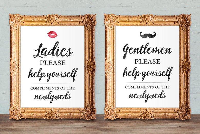 Hochzeit - Wedding bathroom basket signs - womens and mens hospitality basket - his and hers bathroom signs -  printable 8x10 and 5x7 (set of two)
