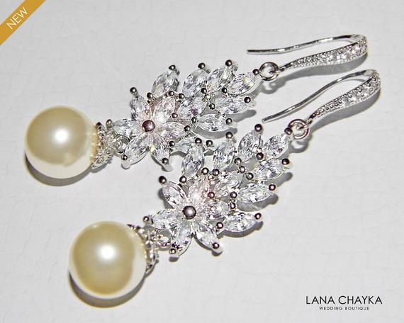 Mariage - Wedding Pearl Chandelier Earrings, Ivory Pearl Bridal Earrings, Swarovski Pearl Silver Earrings, Bridal Pearl Jewelry, Statement Earrings