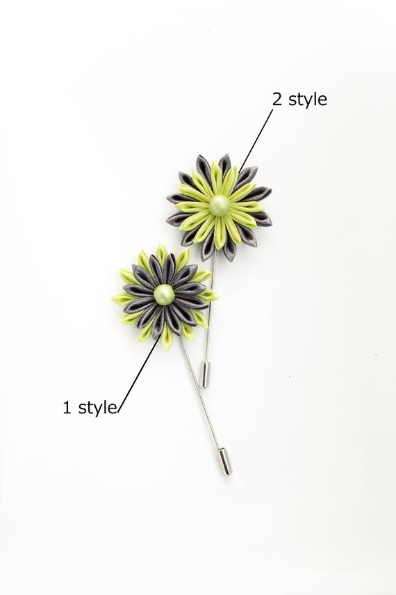 Свадьба - Suit Flower Lapel Pin, Green Gray Wedding Groomsmen Lapel Pin, Lapel Flower Pin, Corsage and Boutonniere, Men Wedding Accessories Kanzashi