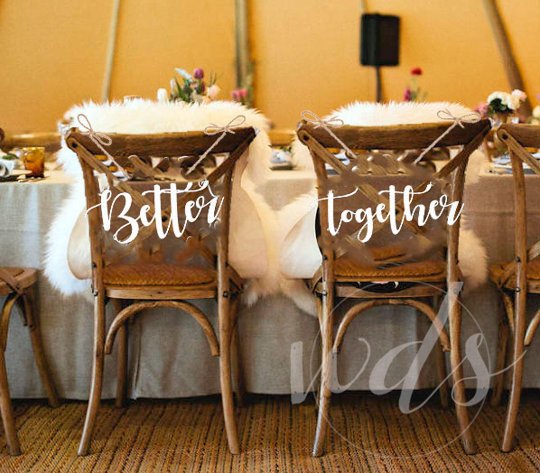 Свадьба - Better Together Hanging Chair Signs, 6in. Vintage script wedding reception sweetheart decor Gold - Wedding Day Studio - Cheap Shipping!