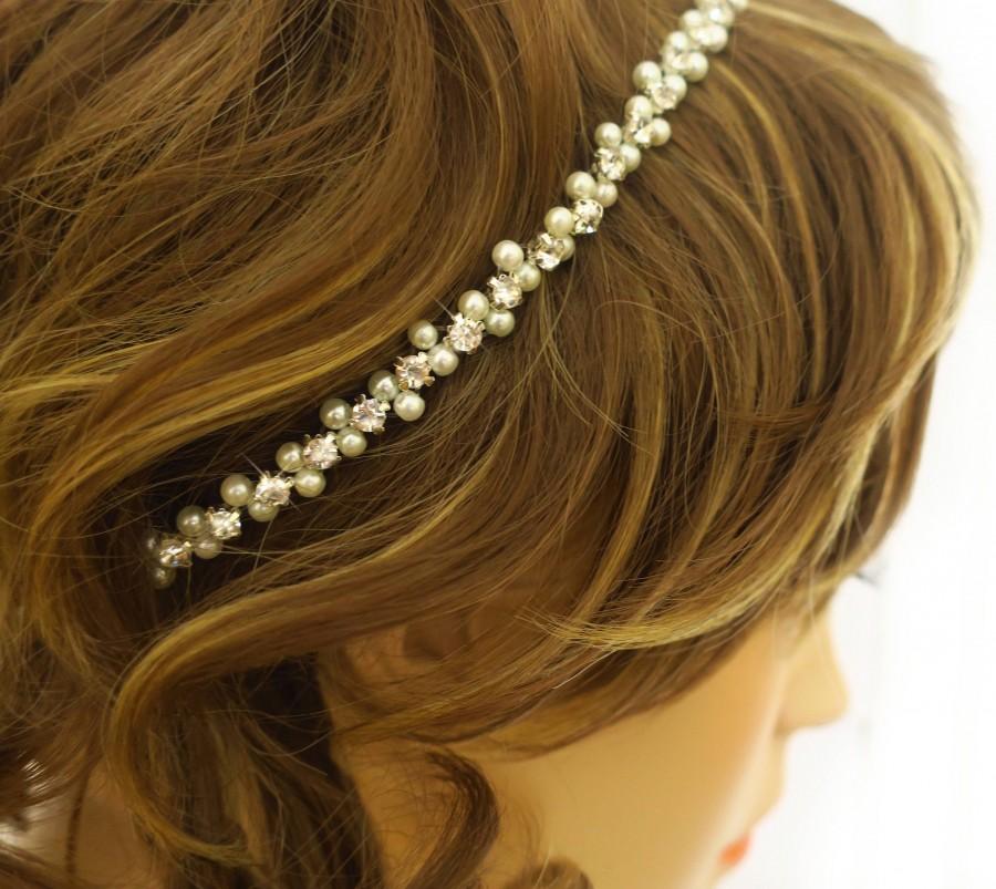 زفاف - Wedding Headband Beaded Bridal Hair Accessories with Crystals and Pearls, Silver or Gold Rhinestone Dainty Thin Forehead Halo
