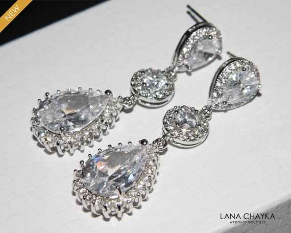 Свадьба - Crystal Bridal Earrings, Cubic Zirconia Chandelier Wedding Earrings, Teardrop Earrings, Bridal Jewelry, Sparkly Halo Earrings, Prom Earrings