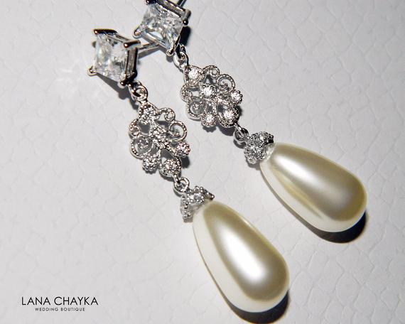 Wedding - Pearl Bridal Earrings, Ivory Pearl Chandelier Wedding Earrings, Swarovski Teardrop Pearl Earrings, Bridal Pearl Jewelry Pearl Dangle Earring