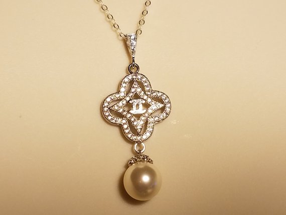 Wedding - Pearl CZ Bridal Necklace, Swarovski 10mm Cream Ivory Pearl Necklace, Wedding Pearl Silver Necklace, Bridal Pearl Jewelry, Prom Pearl Jewelry