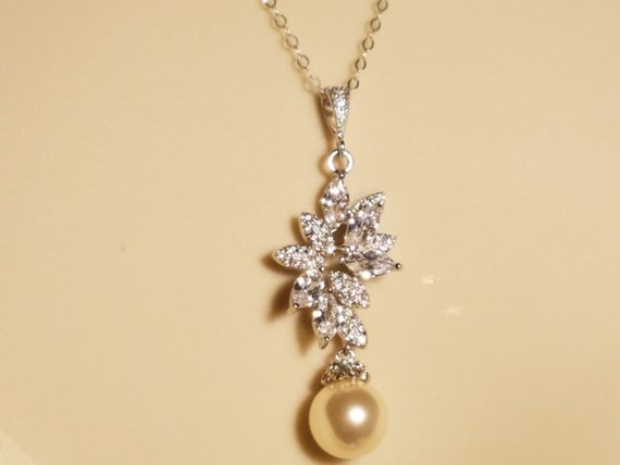 Свадьба - Pearl Bridal Necklace, Swarovski Ivory Pearl Cubic Zirconia Necklace, Wedding Pearl Silver Necklace, Pearl Bridal Jewelry, Pearl CZ Pendant
