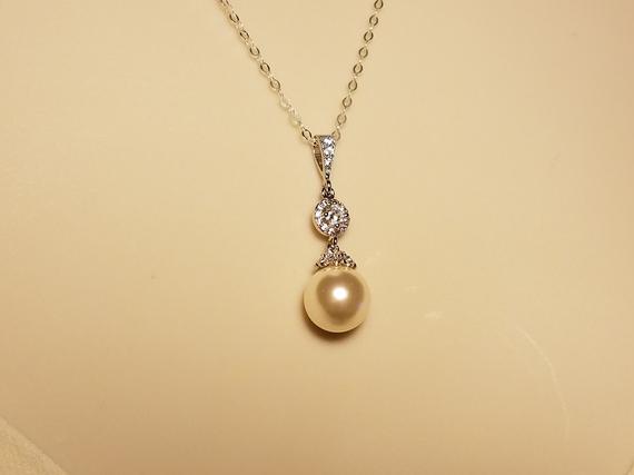 Mariage - Pearl Bridal Necklace, Swarovski 10mm Ivory Pearl CZ Necklace, Wedding Pearl Drop Necklace, Bridal Bridesmaid Pearl Jewelry, Prom Jewelry