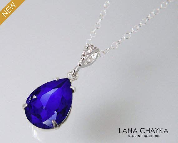 زفاف - Blue Crystal Teardrop Necklace, Swarovski Majestic Blue Silver CZ Pendant, Bridesmaids Cobalt Jewelry, Bridal Royal Blue Necklace, Weddings