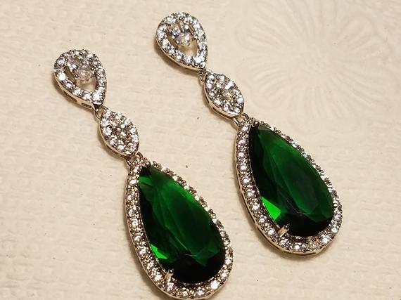 زفاف - Emerald Crystal Bridal Earrings, Green Chandelier Earrings, Emerald Bridal CZ Earrings, Green Teardrop Wedding Earrings, FREE US Shipping