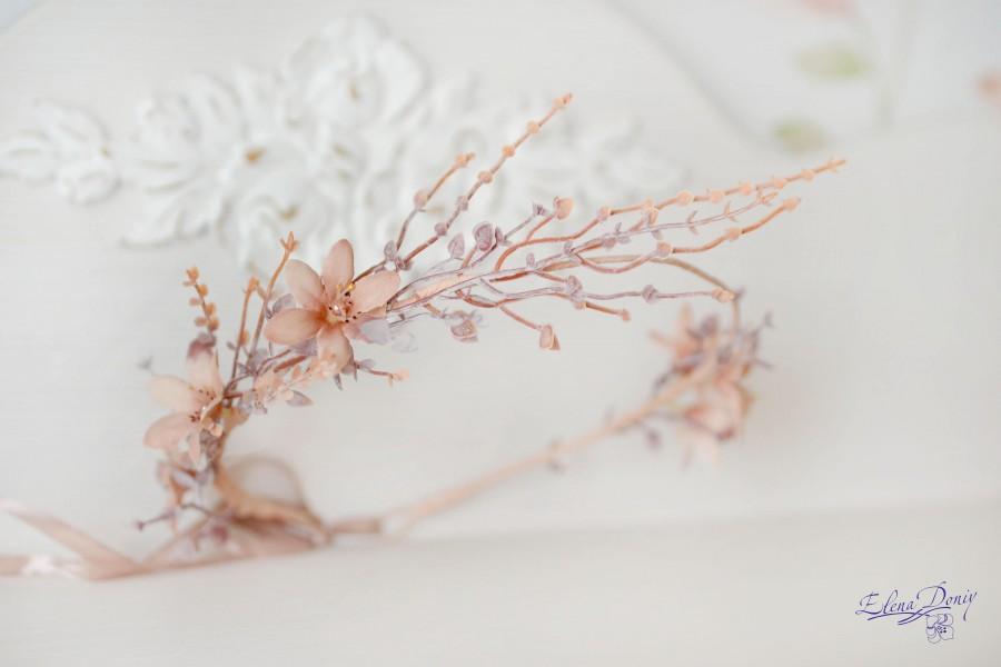 زفاف - Rustic crown bridal Beige floral crown branches head piece elven wedding crown Flowers halo rustic headband peach flowers Elven crown