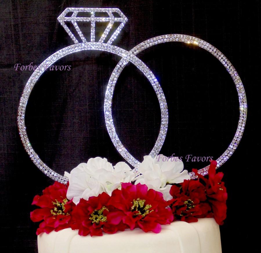 Hochzeit - Set of 2 Stunning Extra Large Silver Rhinestone Wedding Rings Cake Topper