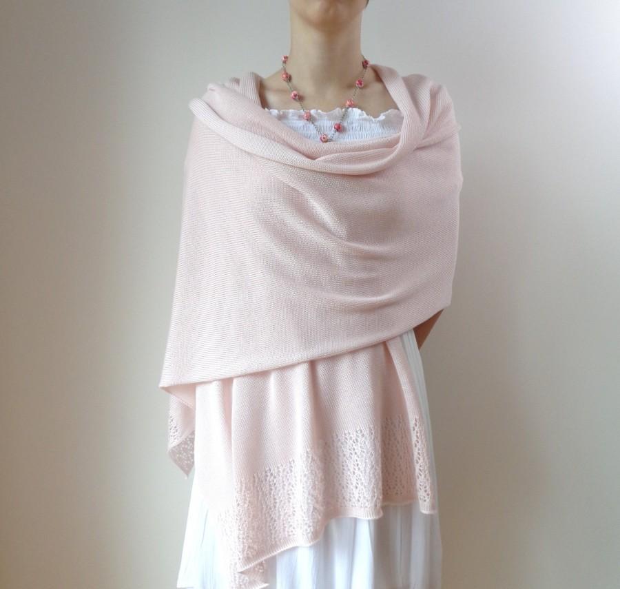 Hochzeit - Cashmere shawl Light peach cashmere silk scarf shawl Bridal wrap Pale peach pink knitted shawl with lace