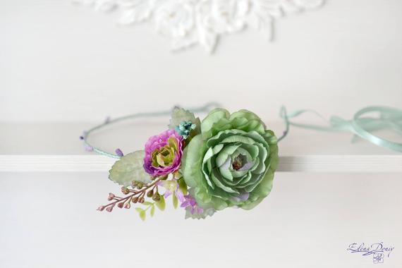 Свадьба - Green mint Wedding headband flower Head wreath purple green crown Boho bridal crown Summer wedding flowers accessories hair Crown mint