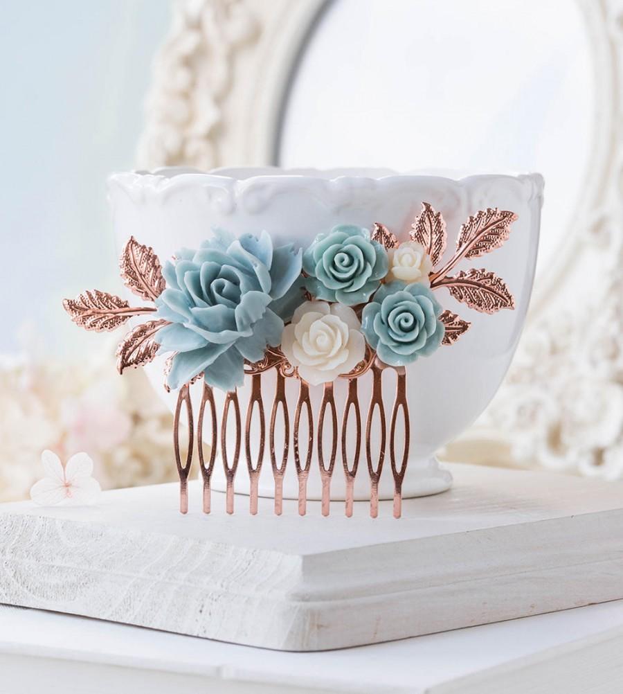 Mariage - Powder Blue Rose Gold Hair Comb Something Blue Wedding Bridal Hair Comb Floral Collage Leaf Branch Hair Piece Romantic Vintage Country Chic