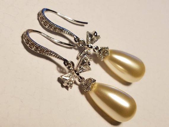 Hochzeit - Pearl Bow Bridal Earrings, Swarovski Teardrop Ivory Pearl Silver Earrings, Wedding Pearl Earrings, Bridal Pearl Jewelry Pearl Dangle Earring