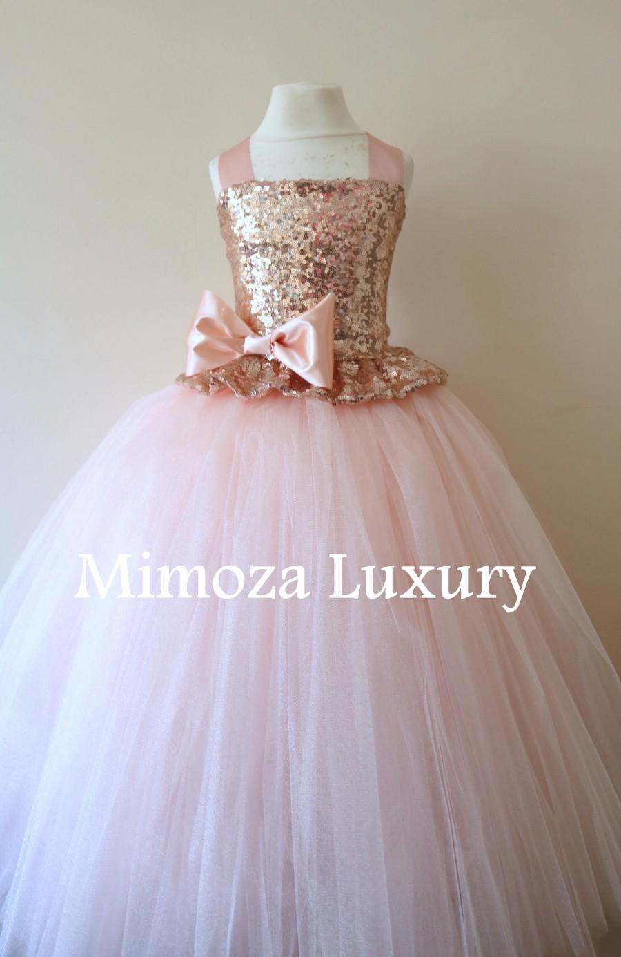 Mariage - Blush Flower Girl Dress, rose gold bridesmaid dress, couture flower girl gown, bespoke girls dress, tulle princess dress, rose gold tutu