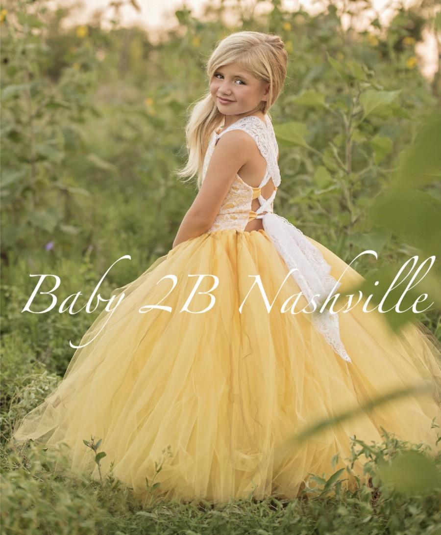 Mariage - Yellow Flower Girl Dress Shabby Chic Lace Dress Tulle dress Wedding Dress Birthday Dress Toddler Dress Girls Dress