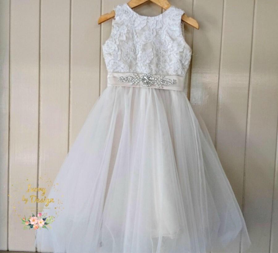 Wedding - Ivory White or Champagne lace Flower Girl Dress Rhinestone Sash Detail sleeveless sleeve Capp sleeve Knee Tea Floor Length