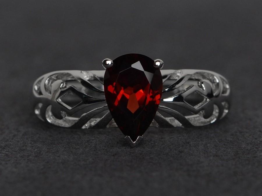 Mariage - garnet ring pear cut garnet engagement rings promise ring silver January birthstone ring