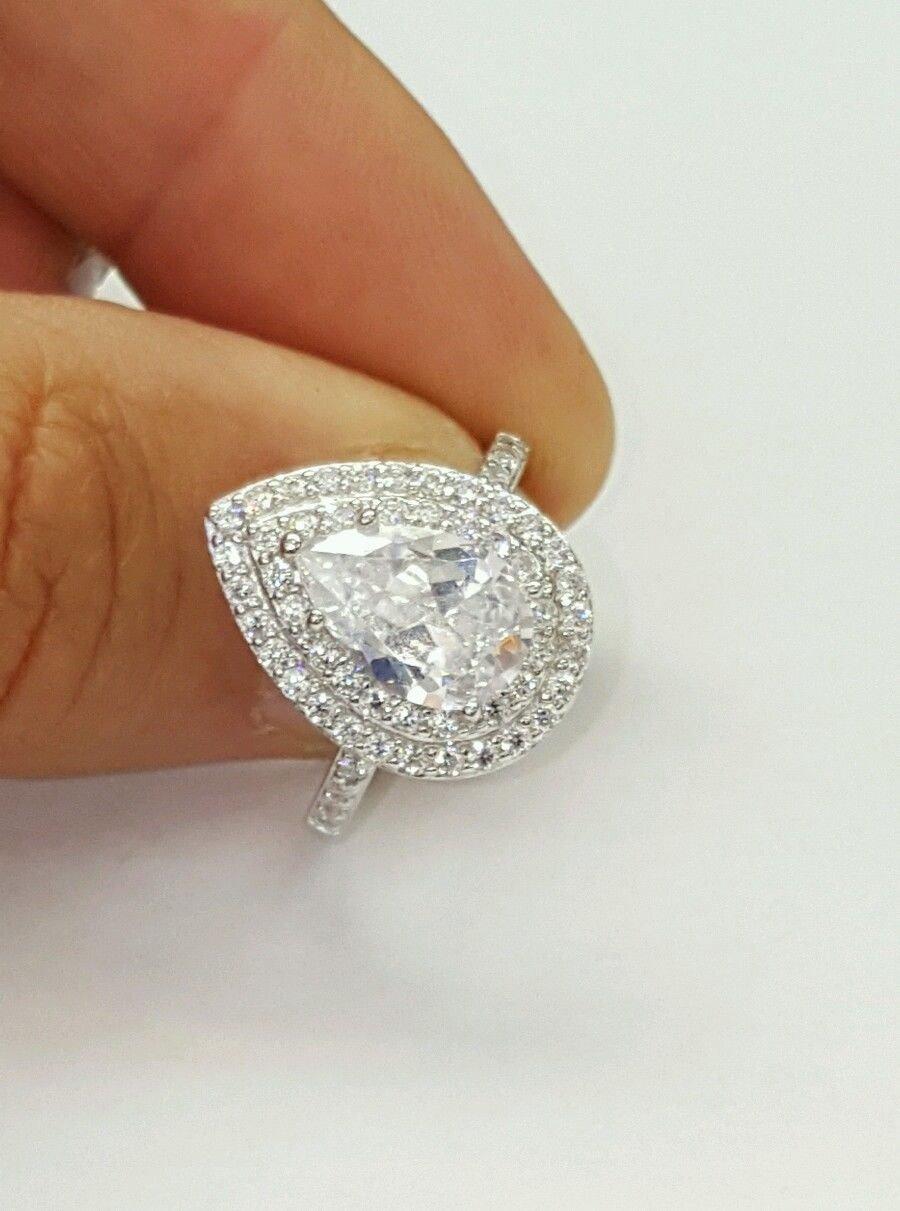 زفاف - 925 Sterling Silver Nickle Free Rhodium Plated Pear Shape Halo Engagement Ring size 5,6,7,8,9