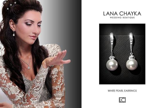 Mariage - White Pearl Bridal Earrings, Swarovski 8mm Pearl Drop Silver Earrings, Small Pearl Wedding Earrings, Bridesmaid Pearl Jewelry Prom Earrings