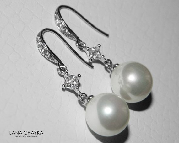 Mariage - Bridal Pearl Earrings, Pearl Drop Pearl Silver Earrings, Wedding Pearl Jewelry, White Pearl Dangle Earrings, White Pearlscent Pearl Earrings