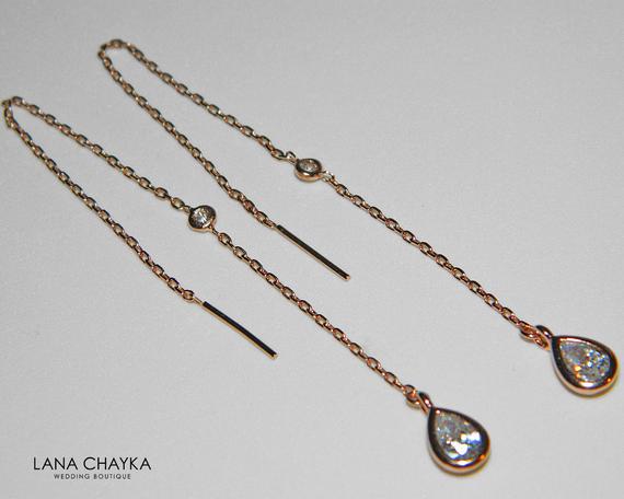 زفاف - Rose Gold Dainty Chain Threaders Earrings, Dangle Ears Threaders, Minimalist Threaders, Bridal Threader Earrings, Pink Gold Delicate Earring