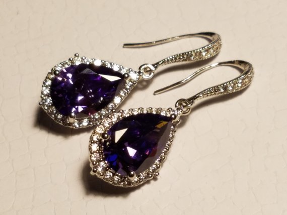 Wedding - Amethyst Crystal Wedding Earrings, Purple Teardrop Bridal Chandelier Earrings, Amethyst Cubic Zirconia Dangle Earrings, Statement Earrings