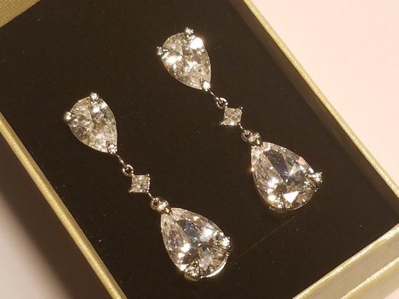 زفاف - Crystal Bridal Earrings, Cubic Zirconia Chandelier Wedding Earrings, Teardrop Crystal Silver Earrings, Crystal Dangle Earrings, Prom Jewelry