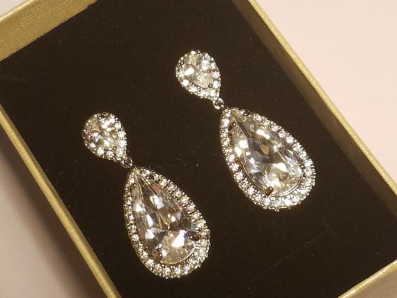 Hochzeit - Cubic Zirconia Bridal Earrings, Teardrop Crystal Wedding Earrings, CZ Chandelier Earrings, Bridal Crystal Earrings, Prom Crystal Earrings