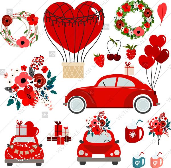 Wedding - Valentines Day VW Beetle, Vintage Car with hearts, balloons, roses, flowers, clip art vector illustration
