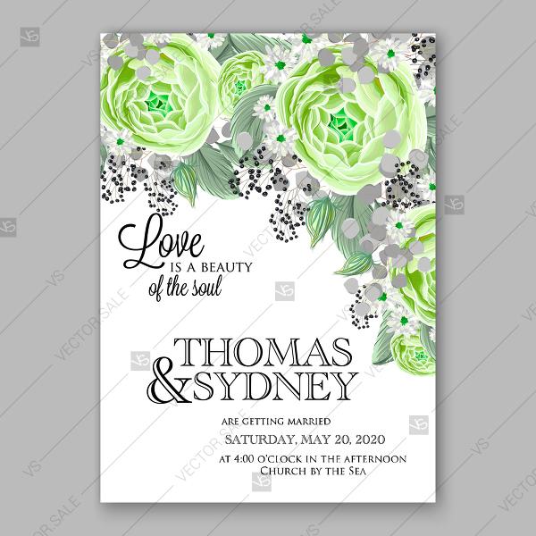 Hochzeit - Green peony rose ranunculus anemone privet berry wedding invitation vector card template winter