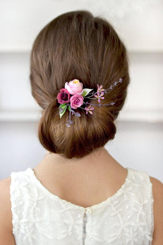 Свадьба - Purple pink flower comb Wedding floral comb Bride headpiece small hair comb rustic Wedding comb bridesmaids flowers gifts