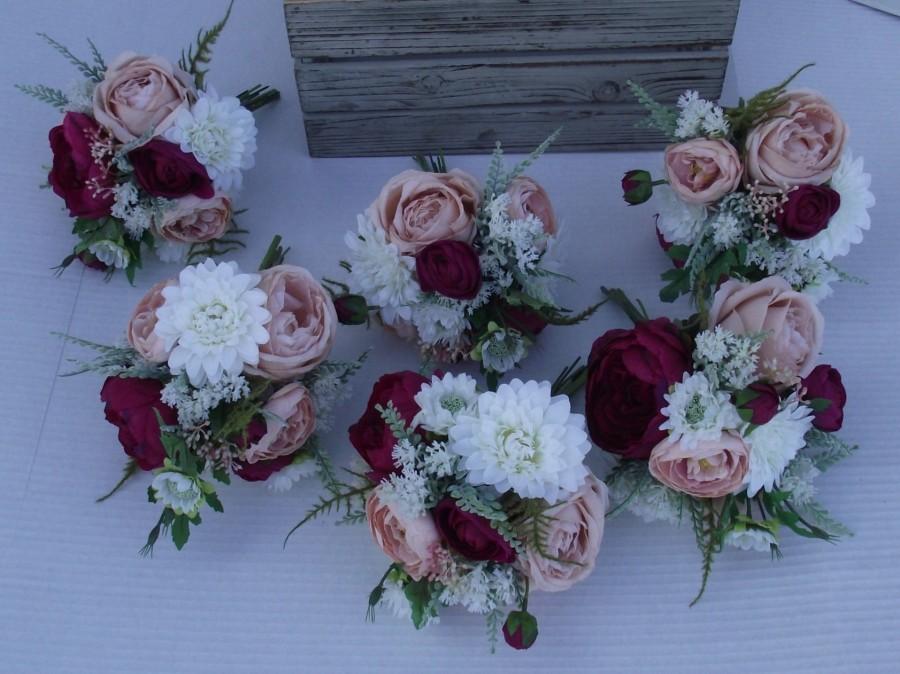Mariage - Bridesmaids Bouquets, Wedding Bouquet, Wedding Flowers, Artificial Wedding Bouquet, Silk Flower Bouquet, Wine, Burgundy,Champagne, Cranberry