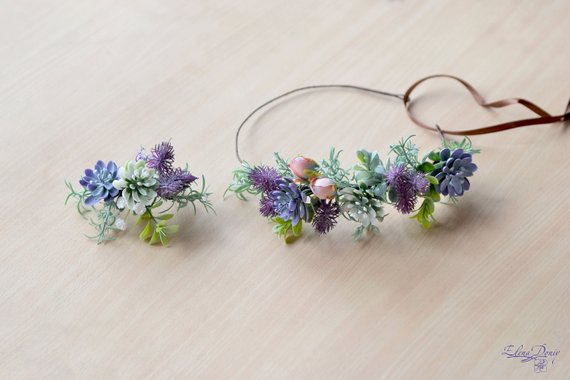 Mariage - Green Purple Succulent crown Woodland hairband Succulent hair comb crown Set wedding greenery hair piece Succulent wedding crown bride