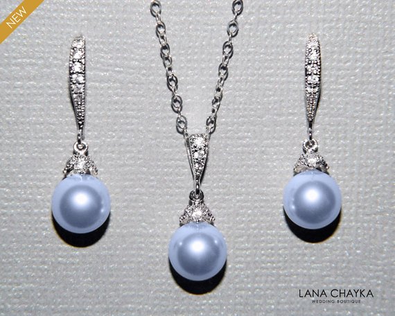 Hochzeit - Blue Pearl Bridal Jewelry Set, Swarovski 8mm Light Blue Earrings&Necklace Set, Bridal Jewelry Set, Bridesmaids Gift Jewelry, Wedding Jewelry