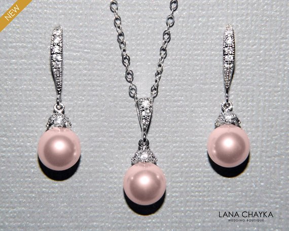 Wedding - Blush Pink Pearl Jewelry Set, Swarovski 8mm Rosaline pearl Set, Light Pink Pearl Earrings&Necklace Set, Bridal Pink Wedding Jewelry Prom Set